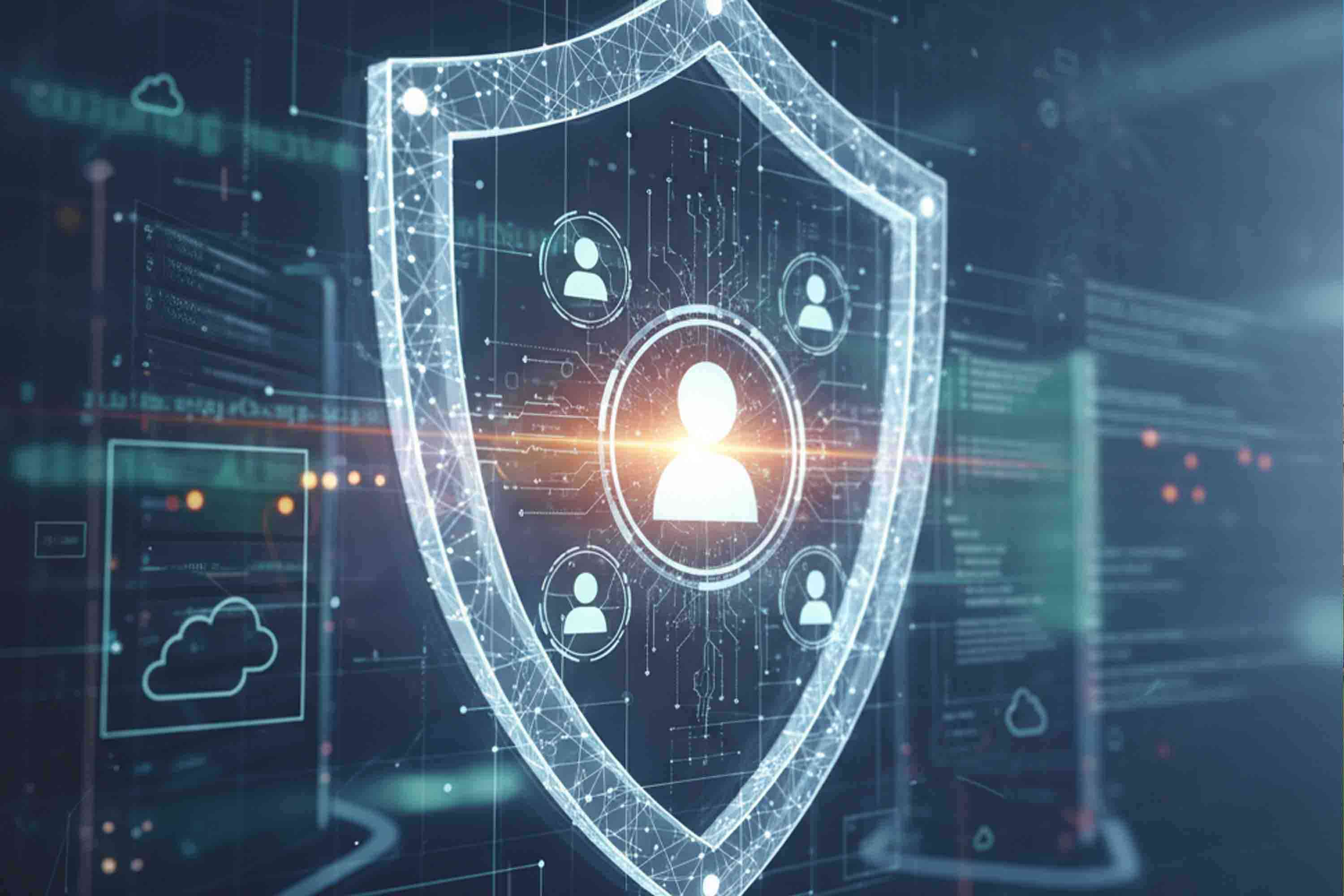 A glowing digital shield protects user data, represented by human icons, within a complex network of code and digital elements, symbolizing data privacy.